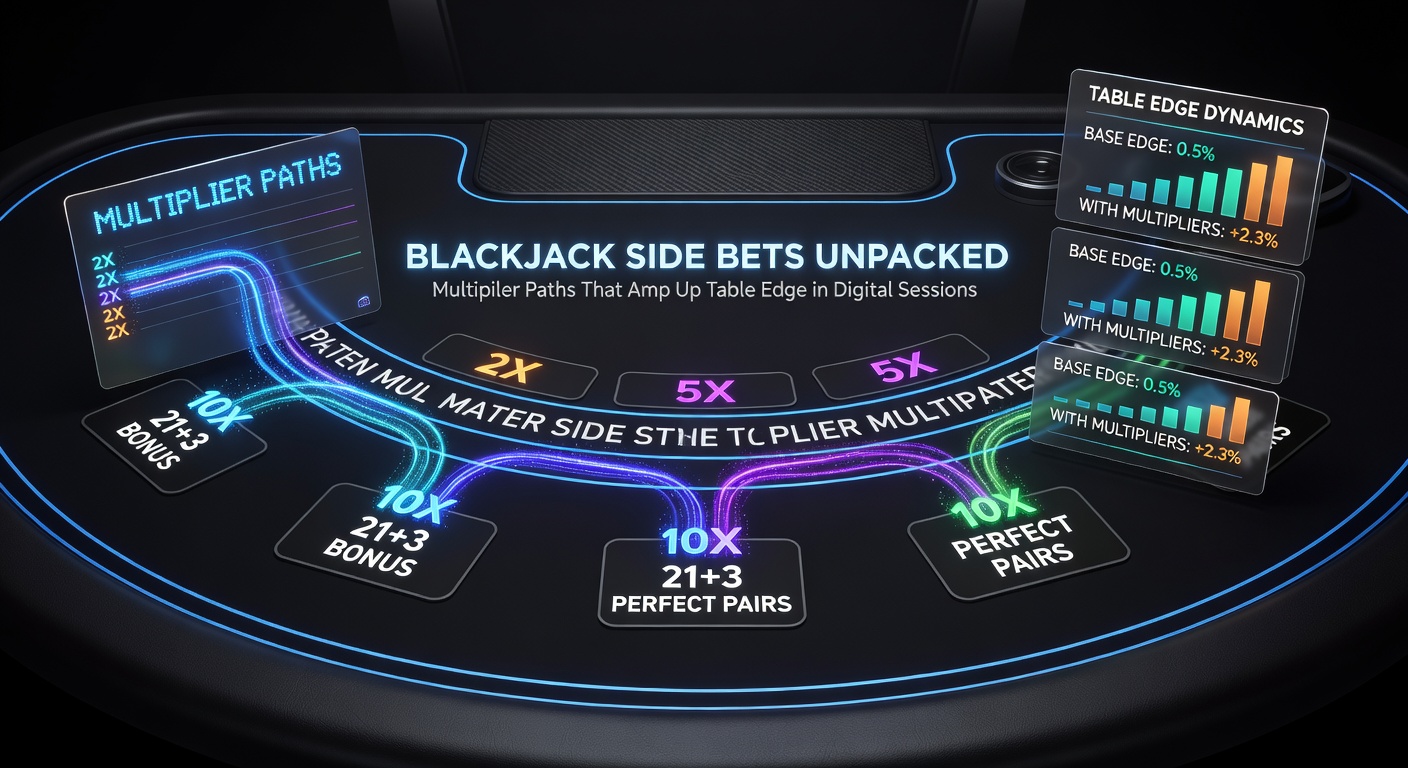 Grafiek met house edge vergelijkingen voor verschillende blackjack side bets in digitale casino's, inclusief multiplierpayouts
