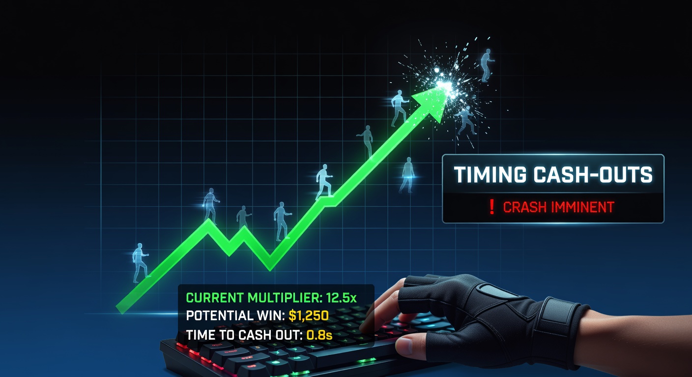 Grafiek van een crash game curve met stijgende multiplier en cash-out momenten in een online casino arena