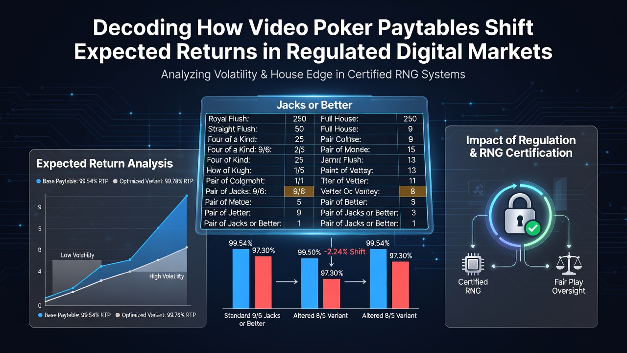 Illustratie van verschillende video poker paytables en hun impact op returns in digitale markten