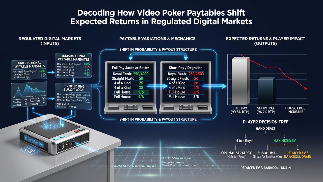 Grafiek die paytable variaties en bijbehorende RTP percentages in video poker vergelijkt