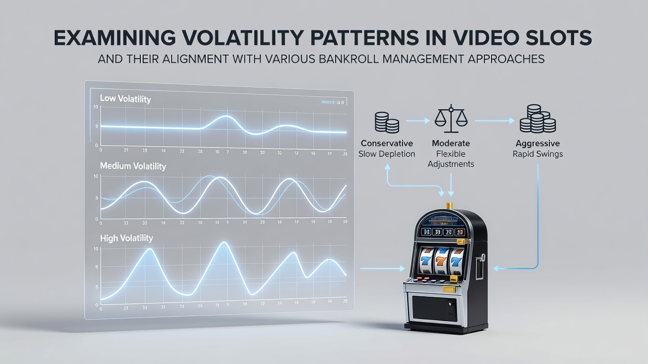 Diagram dat volatiliteitspatronen in videoslots illustreert met bankrollcurves