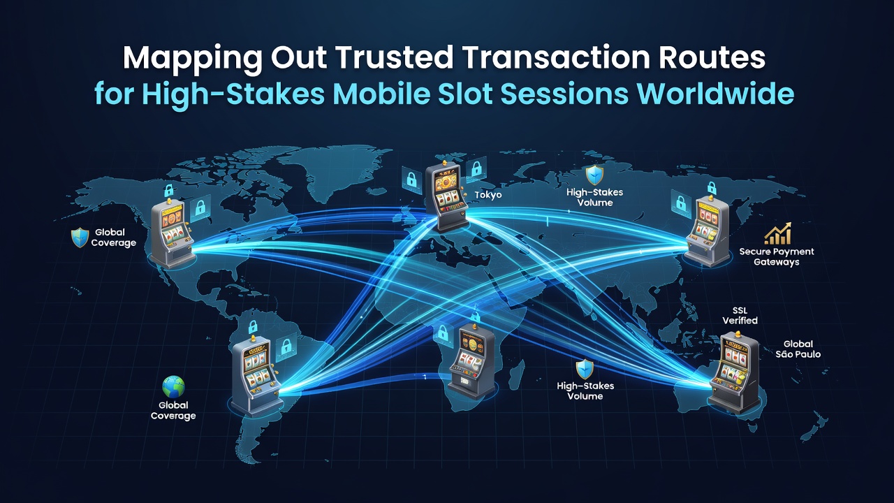 Visuele kaart met transactieroutes voor mobiele slot-sessies wereldwijd