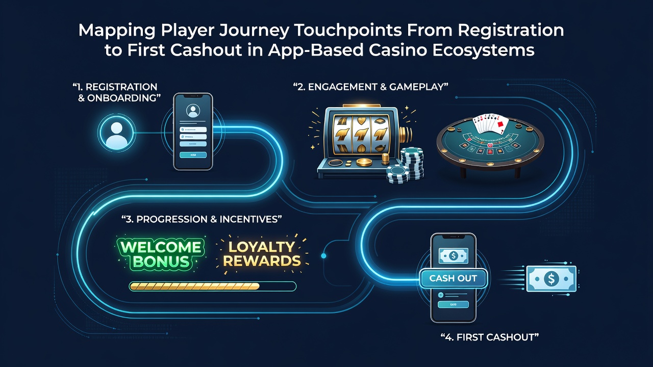 Diagram dat de belangrijkste touchpoints toont in het traject van een speler vanaf registratie tot eerste cashout in mobiele casino-apps
