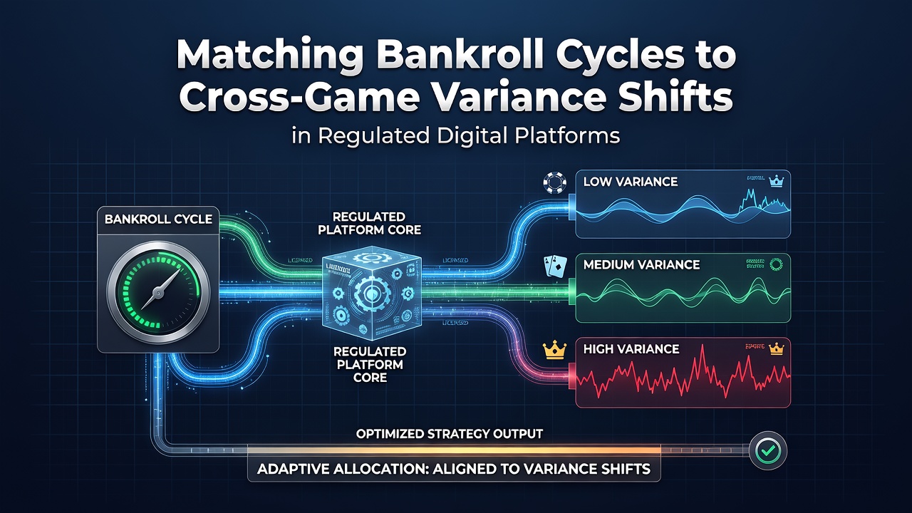 Diagram dat bankrollcycli en variantieverschuivingen tussen spellen in digitale platforms illustreert
