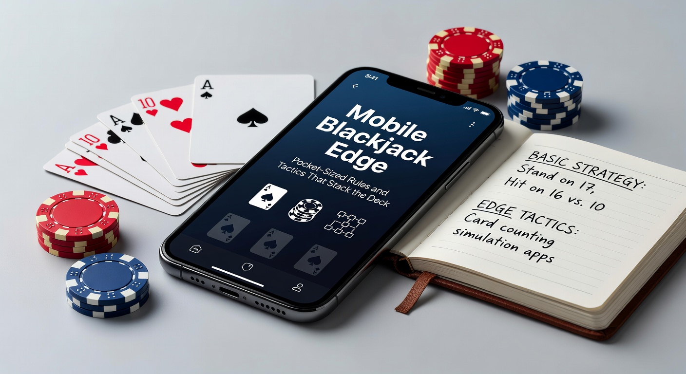 Smartphone met mobiele blackjack app op een speelmat, kaarten en fiches zichtbaar voor een dynamische weergave van pocket-sized gokken