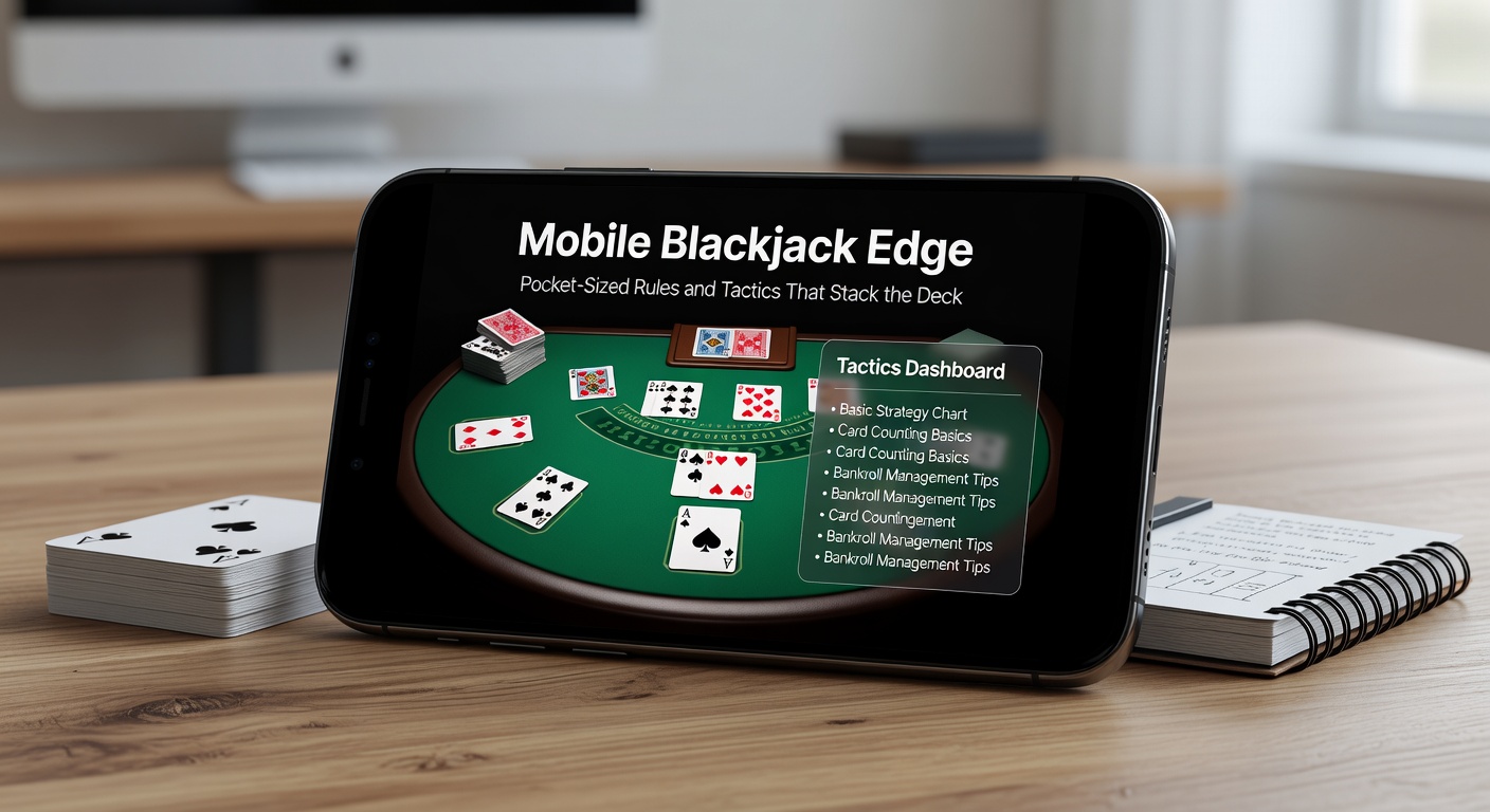 Mobiele blackjack strategiekaart op een telefoon naast een fysiek deck kaarten, illustrerend pocket-sized tactieken voor optimaal spel