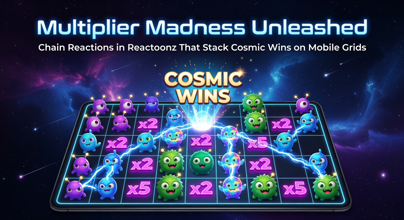 Kleurrijke Reactoonz-symbolen exploderen in een ketenreactie op een mobiel scherm, met opbouwende multipliers die wins verlichten
