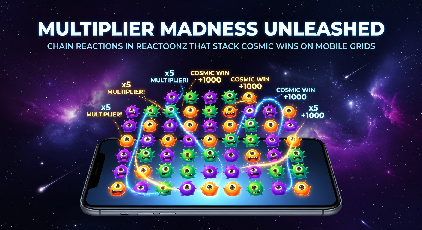 Mobiel Reactoonz-grid toont Gargantoon wild met multiplier die splitst tijdens een intense ketenreactie, symbolen exploderen in kosmische chaos