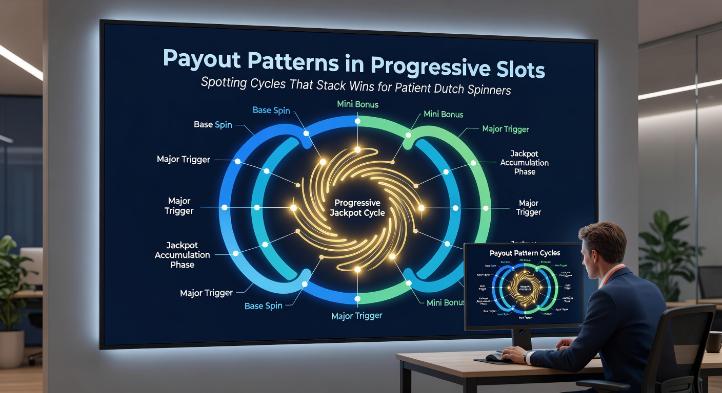 Grafiek met lijnen die uitbetalingscycli tonen op een progressieve slot, inclusief pieken in jackpotgroei en clusters van kleine winsten voor Nederlandse spelers