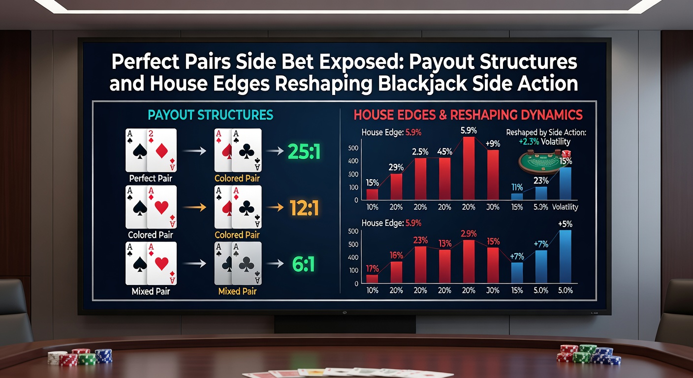 Grafiek met house edge vergelijking voor Perfect Pairs paytables, balken tonen variaties van 2% tot 6% edge