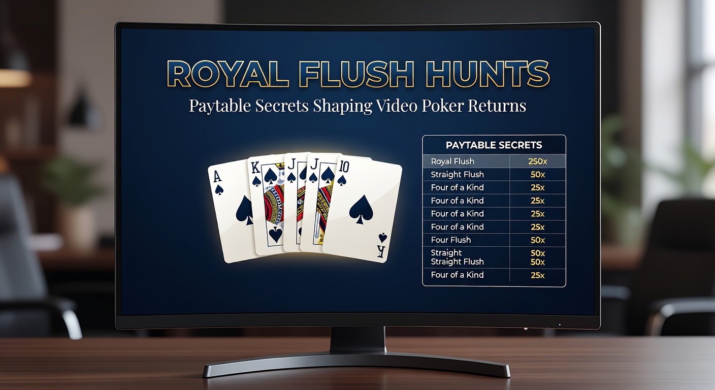 Video poker scherm met knipperende royal flush winlijn en muntstapels