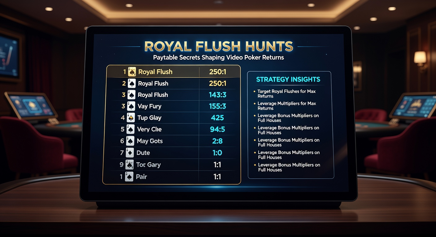 Close-up van royal flush kaarten op video poker tafel met paytable overlay en statistieken