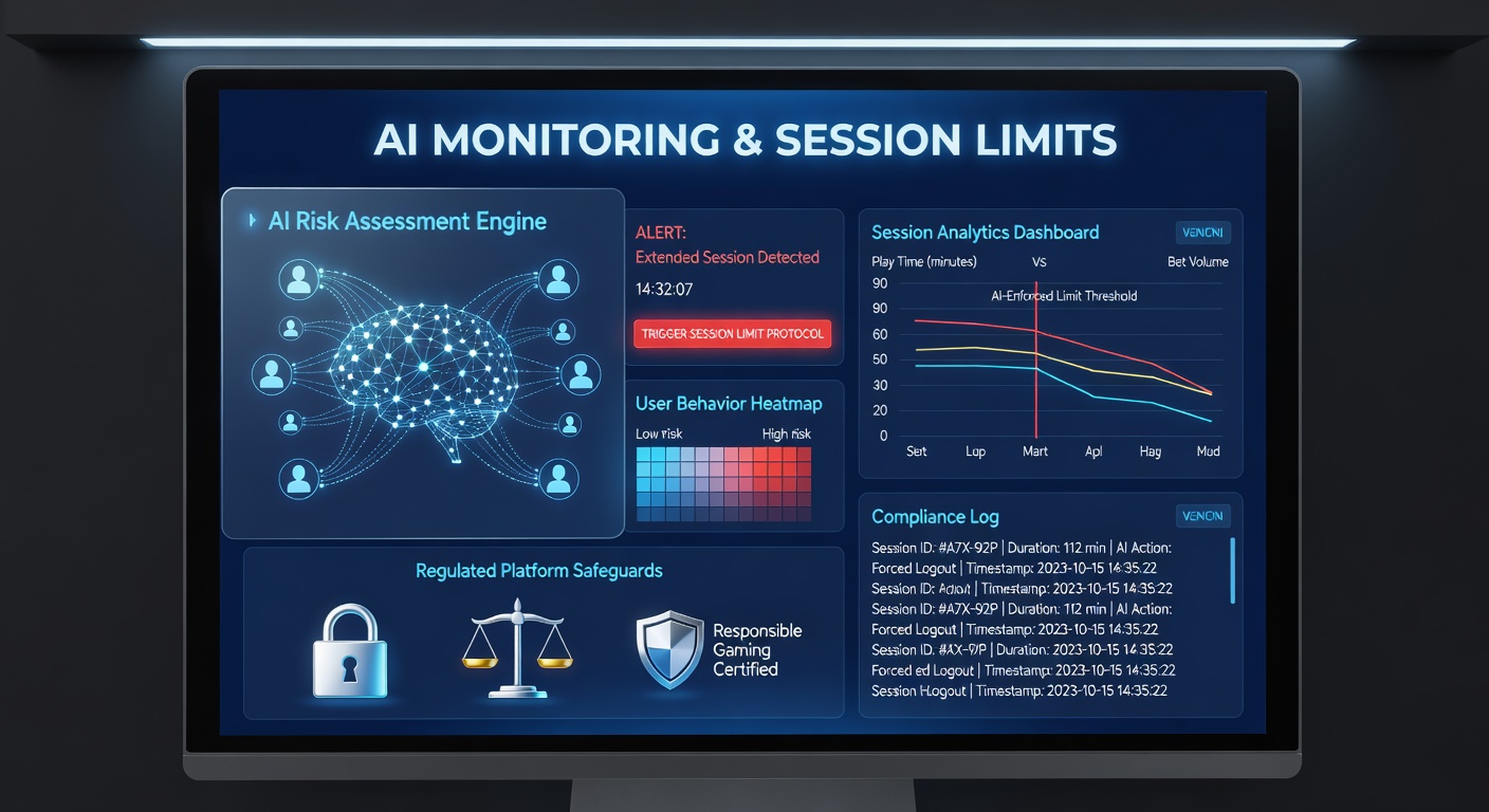 Diagram dat realtime AI-analyse van spelersgedrag en sessielimieten toont op een gereguleerd digitaal gokplatform