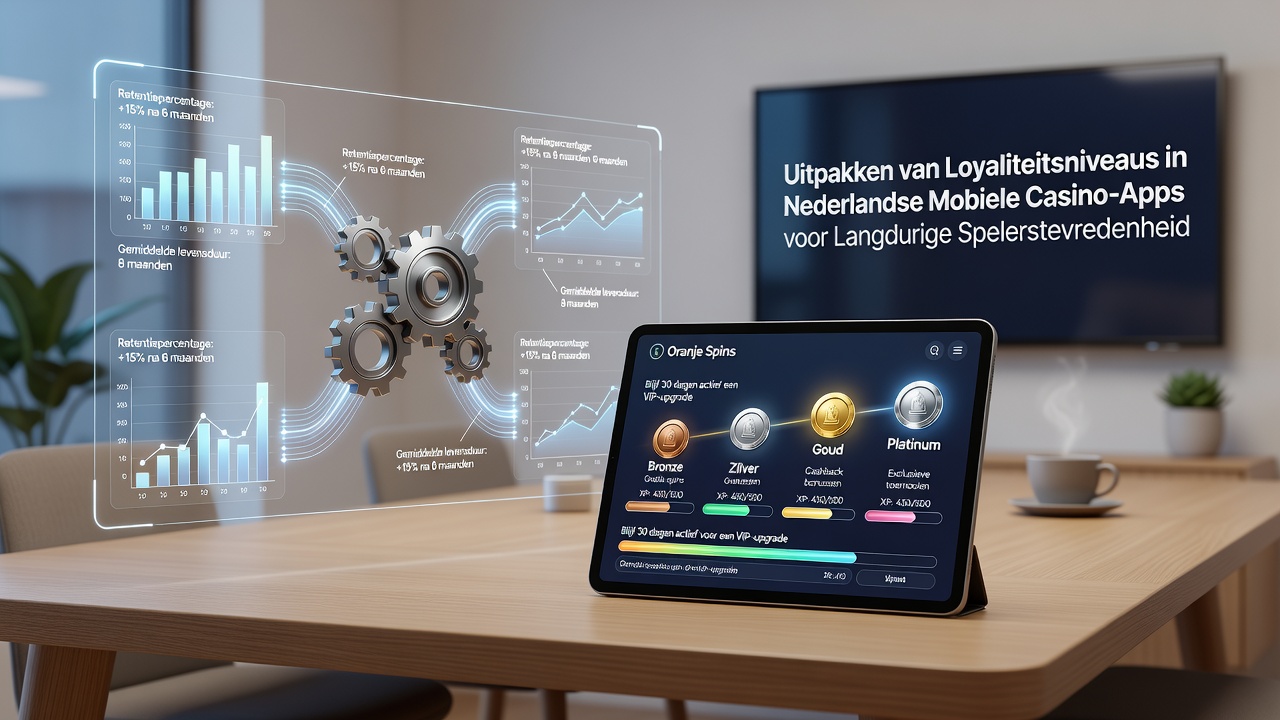 Gebruikersinterface van een Nederlandse mobiele casino-app met loyaliteitstier dashboard en beloningsvooruitgang